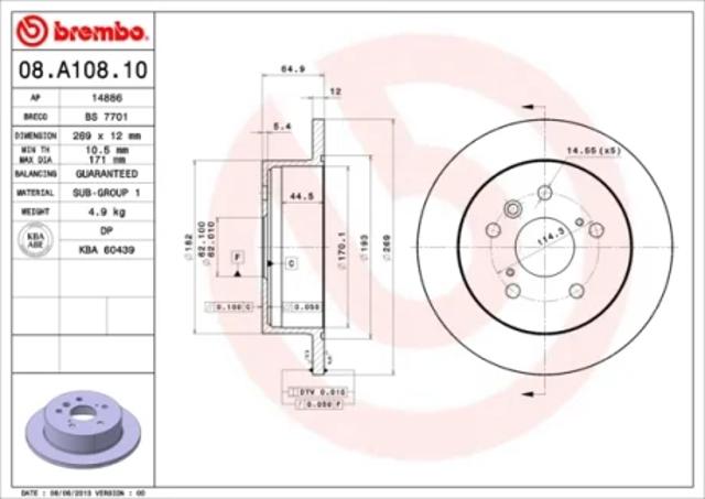 Задний тормозной диск 08A10810 BREMBO