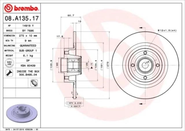 Задний тормозной диск 08A13517 BREMBO
