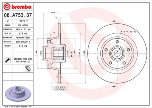 Задний тормозной диск 08A75337 BREMBO