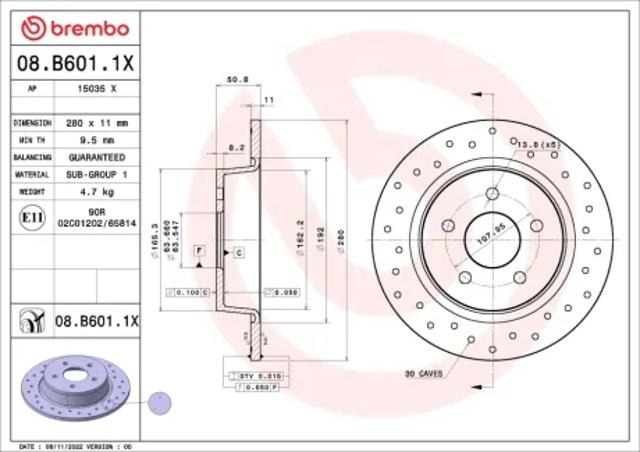 Задний тормозной диск 08B6011X BREMBO