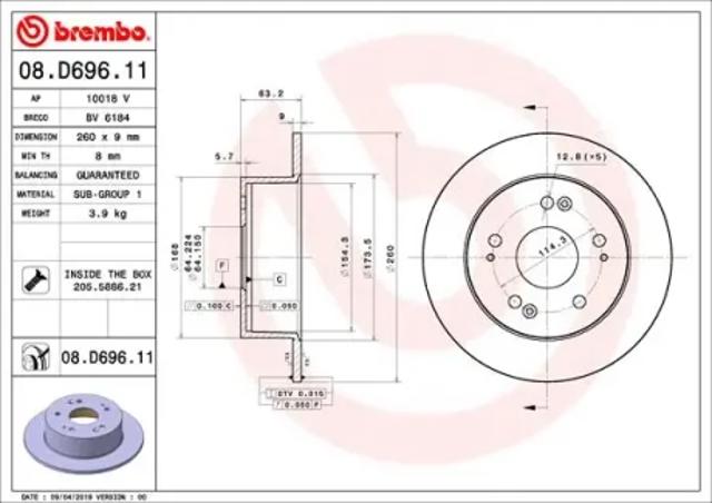Задний тормозной диск 08D69611 BREMBO