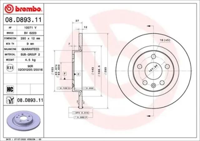 Диск тормозной задний 08D89311 BREMBO