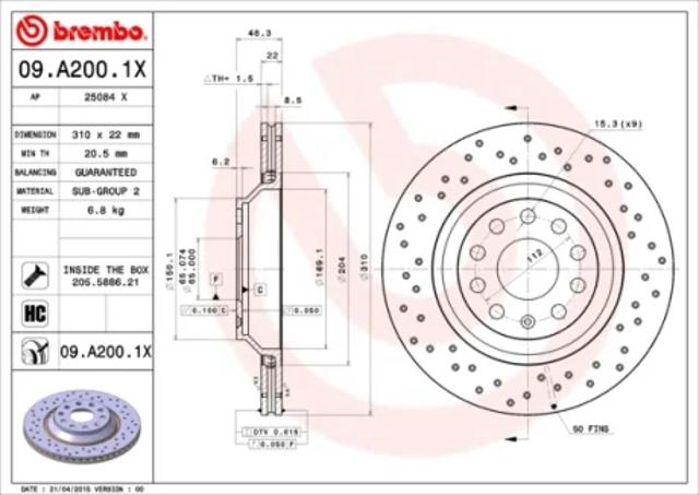 Диск тормозной задний 09A2001X BREMBO