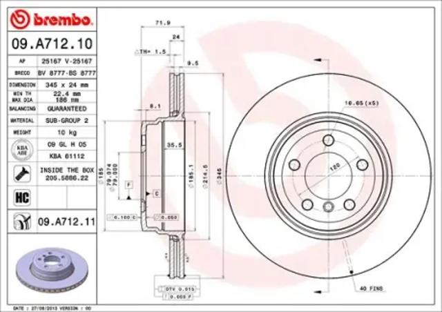 Диск тормозной задний 09A71211 BREMBO