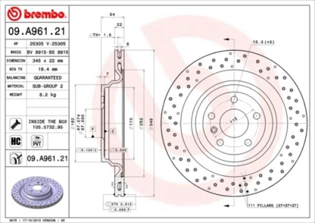 Задний тормозной диск 09A96121 BREMBO