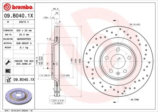 Задний тормозной диск 09B0401X BREMBO