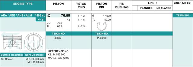 Pistão (kit para um motor), 2ª reparação ( + 0,50) 48607050 Teikin