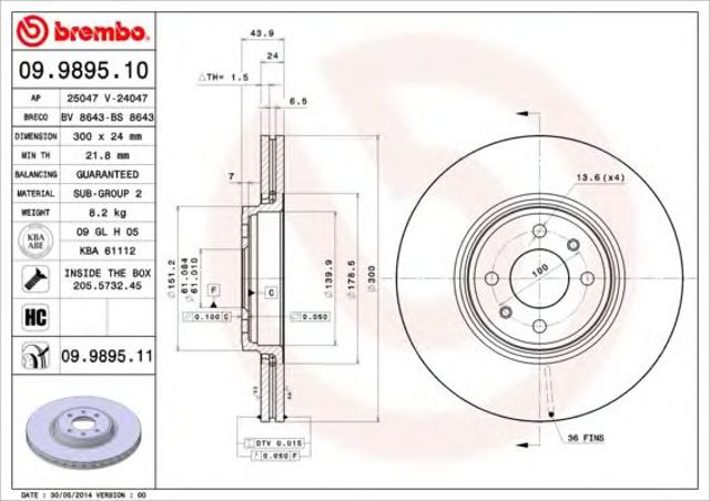 BREMBO 09989511 Диск тормозной передний в наличии Николаев