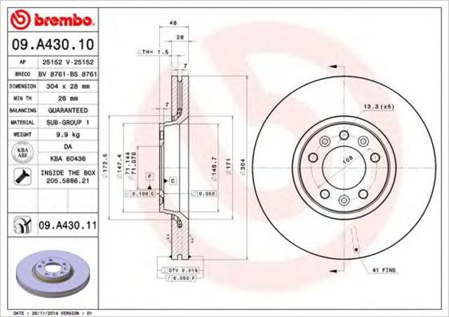 09A43011 BREMBO Передние тормозные диски купить в Запорожье