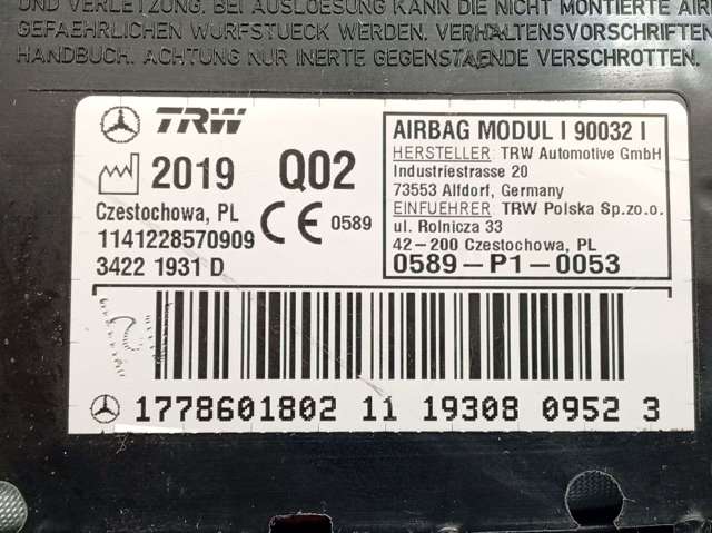 1778601802 MERCEDES Подушка безопасности (AIRBAG) спинки сиденья правого купить в Житомир