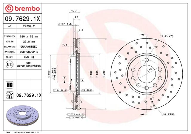 BREMBO 0976291X Передние тормозные диски в наличии Украина