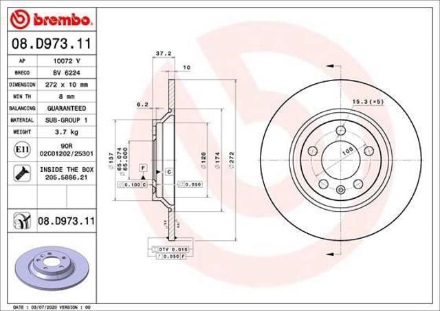 Disco do freio traseiro 08D97311 BREMBO
