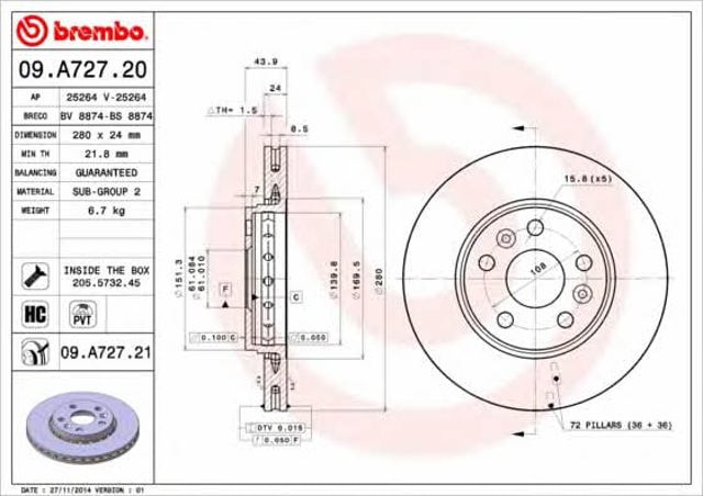 BREMBO 09A72721 Диск тормозной передний в наличии Черкассы