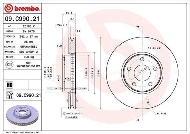 BREMBO 09C99021 Диск тормозной передний в наличии Черкассы