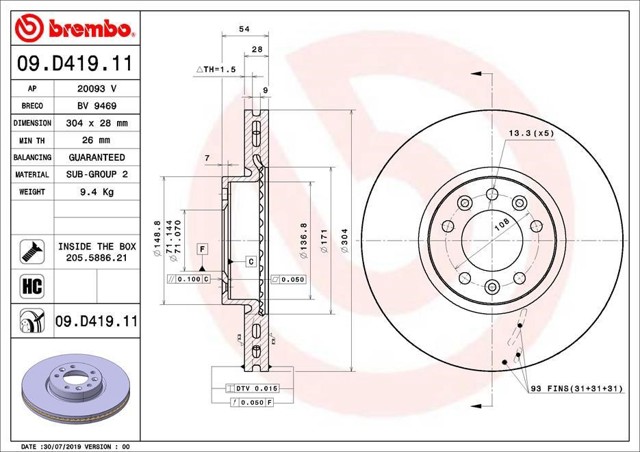 BREMBO 09D41911 Передние тормозные диски в наличии Николаев