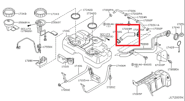 Шланг заливной горловины, топливного бака 172288H800 NISSAN