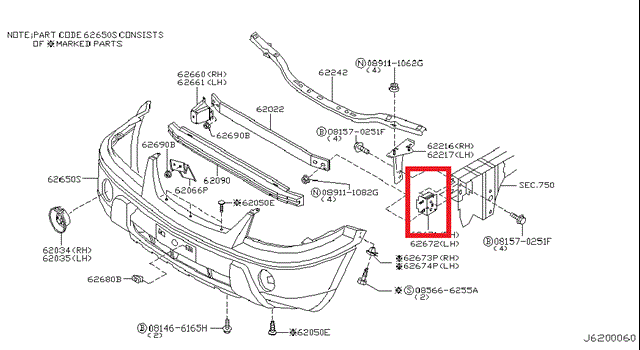 Кронштейн усилителя переднего бампера 622108H700 NISSAN