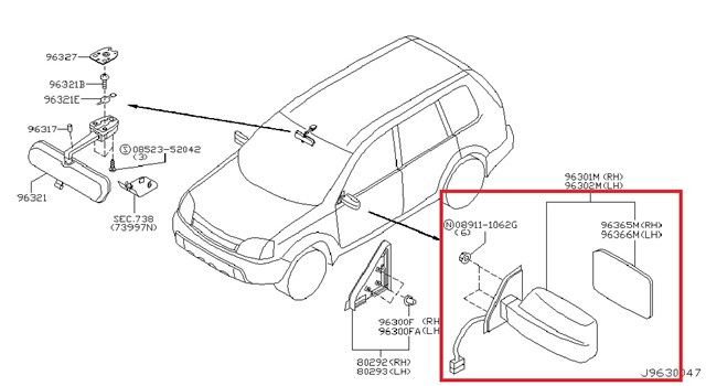 Зеркало наружное правое K63018H970 NISSAN