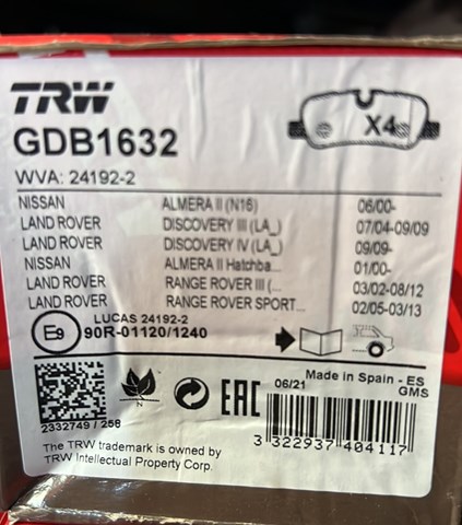 Колодки тормозные задние дисковые GDB1632