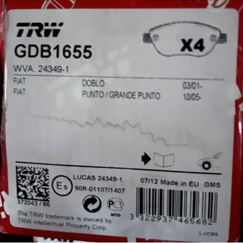 Колодки тормозные передние дисковые trw  gdb1655 GDB1655