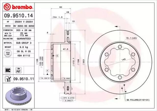 BREMBO 09951014 Диск тормозной задний в наличии Ирпень