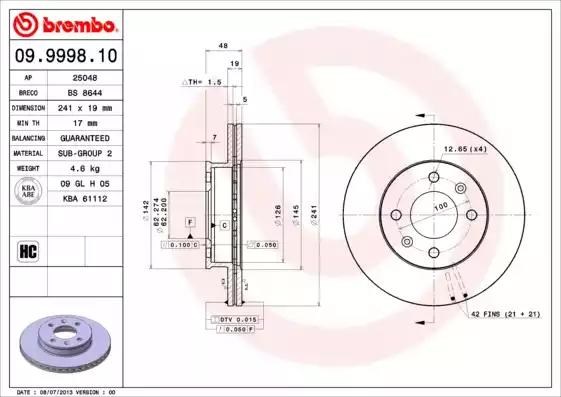 BREMBO 09999810 Диск тормозной передний в наличии Харьков
