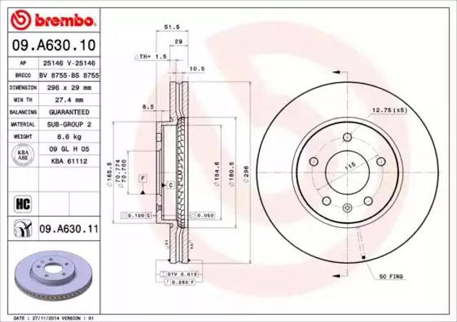 Передний тормозной диск 09A63010 BREMBO