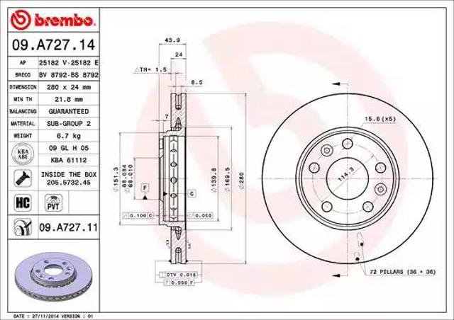 Ротор тормозной 09A72711 BREMBO