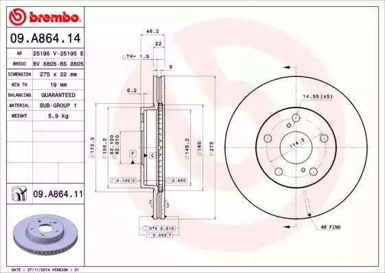 Передний тормозной диск 09A86414 BREMBO