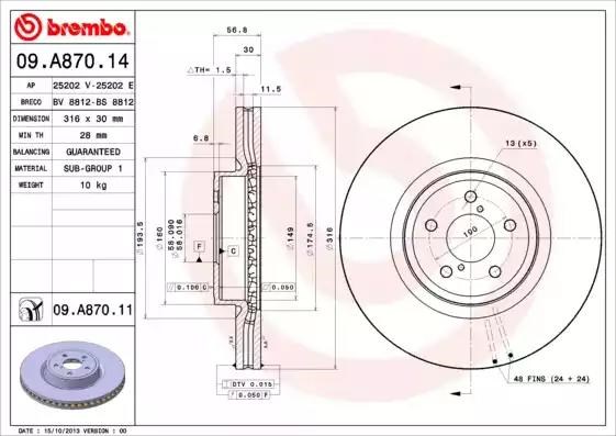 Передний тормозной диск 09A87014 BREMBO