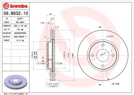 Передний тормозной диск 09B63210 BREMBO