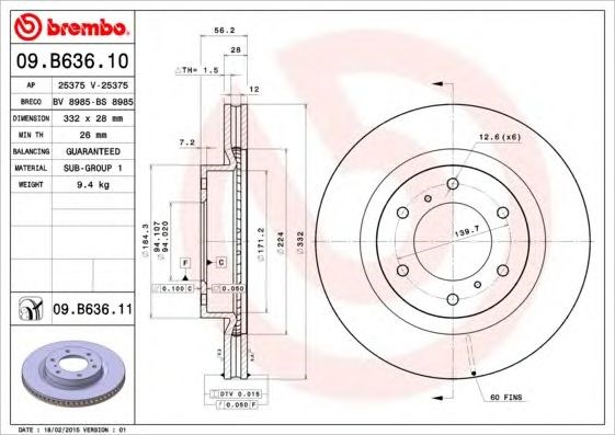 BREMBO 09B63611 Передние тормозные диски в наличии Харьков