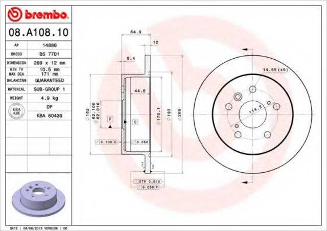 Дисковый тормоз 08A10810 BREMBO