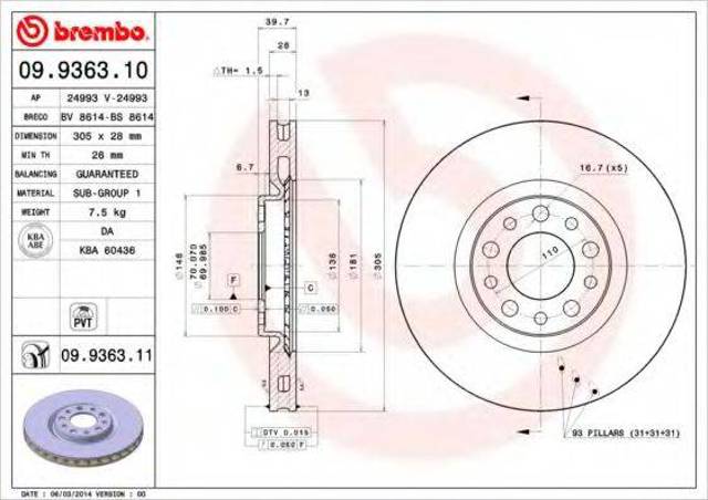 Передний тормозной диск 09936311 BREMBO