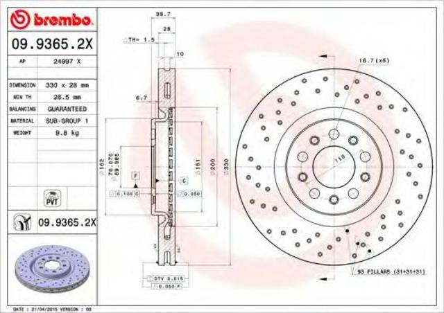Тормоз дисковый передний 0993652X BREMBO