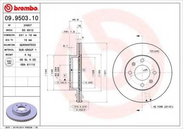Диск тормозной передний 09950310 BREMBO