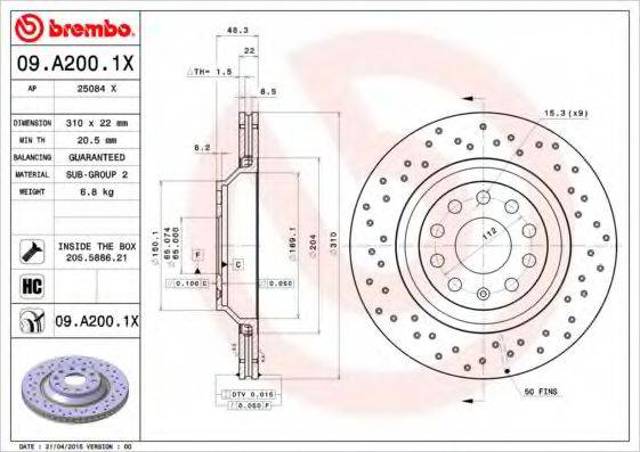 Дисковый тормоз 09A2001X BREMBO