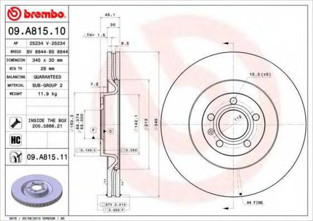 Диск тормозной передний 09A81511 BREMBO