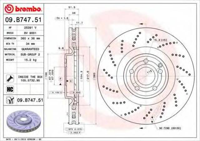 Передний тормозной диск 09B74751 BREMBO