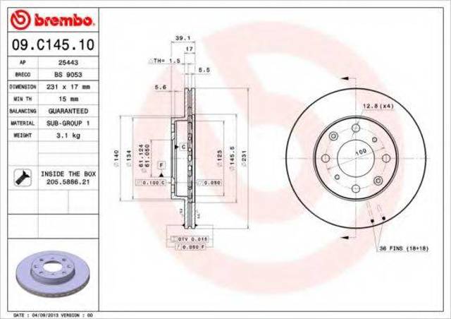BREMBO 09C14510 Передние тормозные диски в наличии Украина
