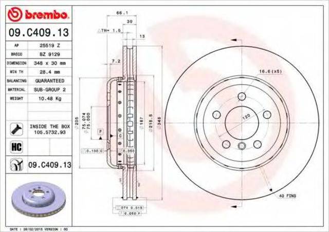 Диск тормозной передний 09C40913 BREMBO