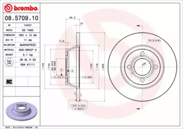 Диск тормозной передний 08570910 BREMBO