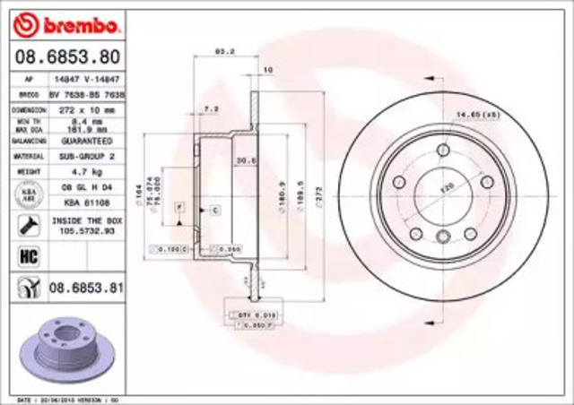Диск тормозной задний 08685381 BREMBO