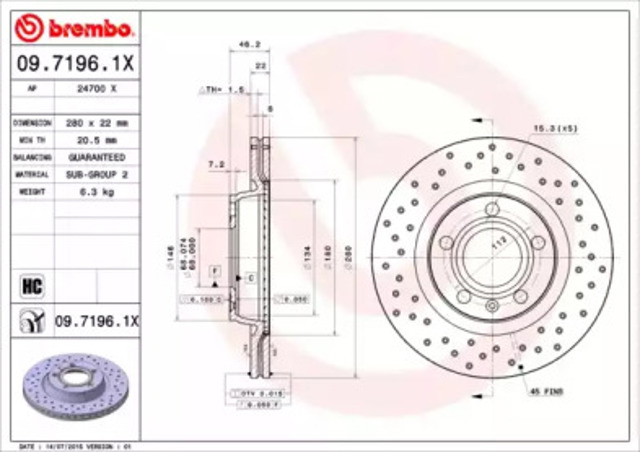 Передний тормозной диск 0971961X BREMBO