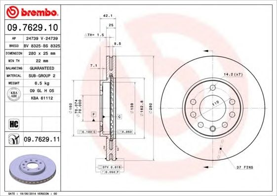 Диск тормозной передний 09762910 BREMBO