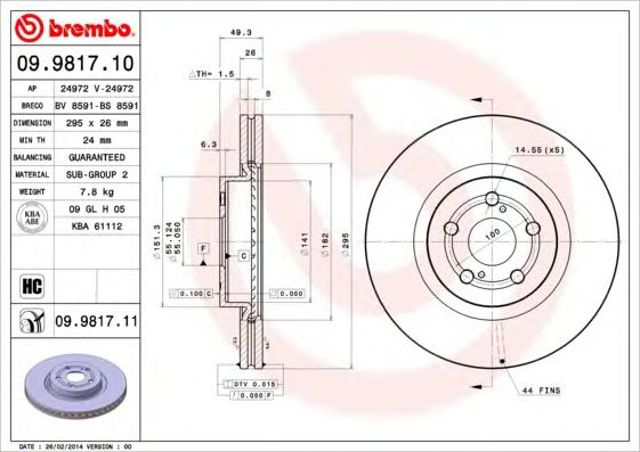 Тормоз дисковый передний 09981711 BREMBO