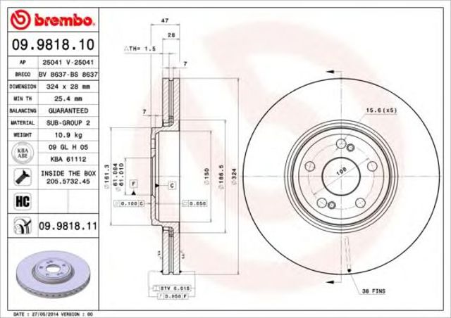 Тормоз дисковый передний 09981811 BREMBO