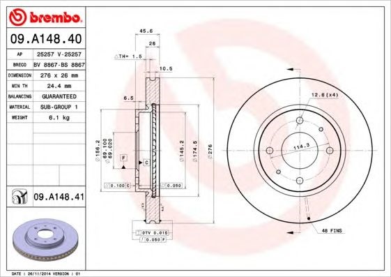 BREMBO 09A14841 Диск тормозной передний в наличии Черкассы