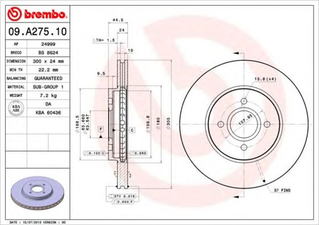 Тормоз дисковый передний 09A27510 BREMBO