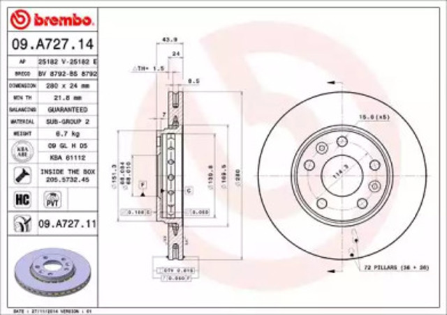 Ротор тормозной 09A72714 BREMBO
